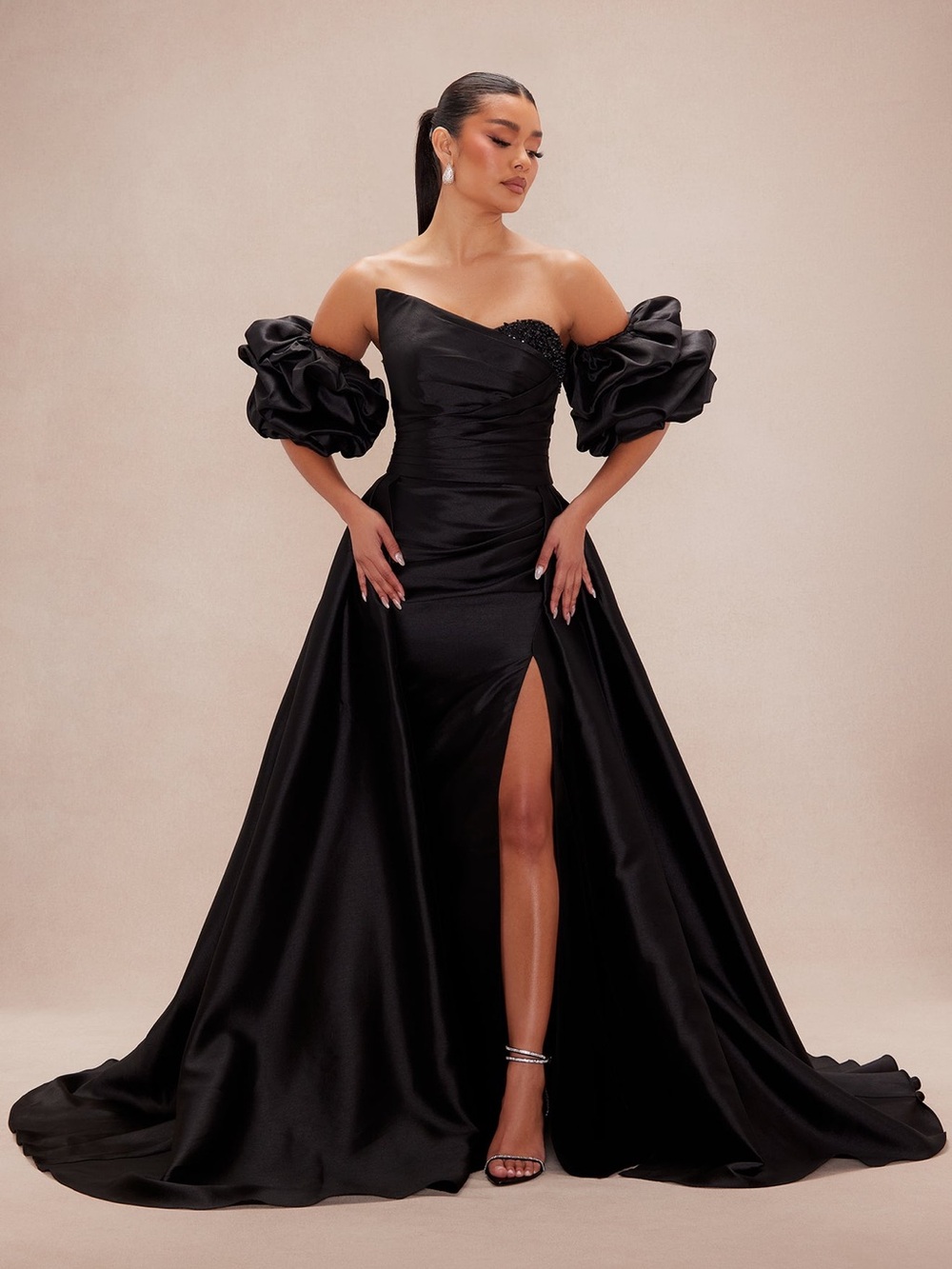 Fashion Nova Black Satin Off-Shoulder Maxi Skirt with Dramatic Train